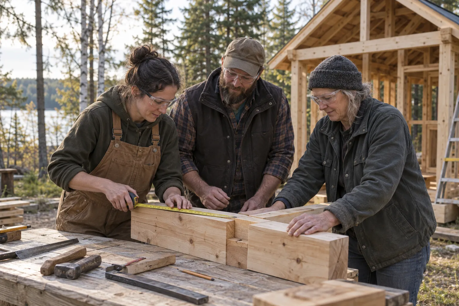 Three adults measuring a timber joint on a workbench beside a partly framed outbuilding.