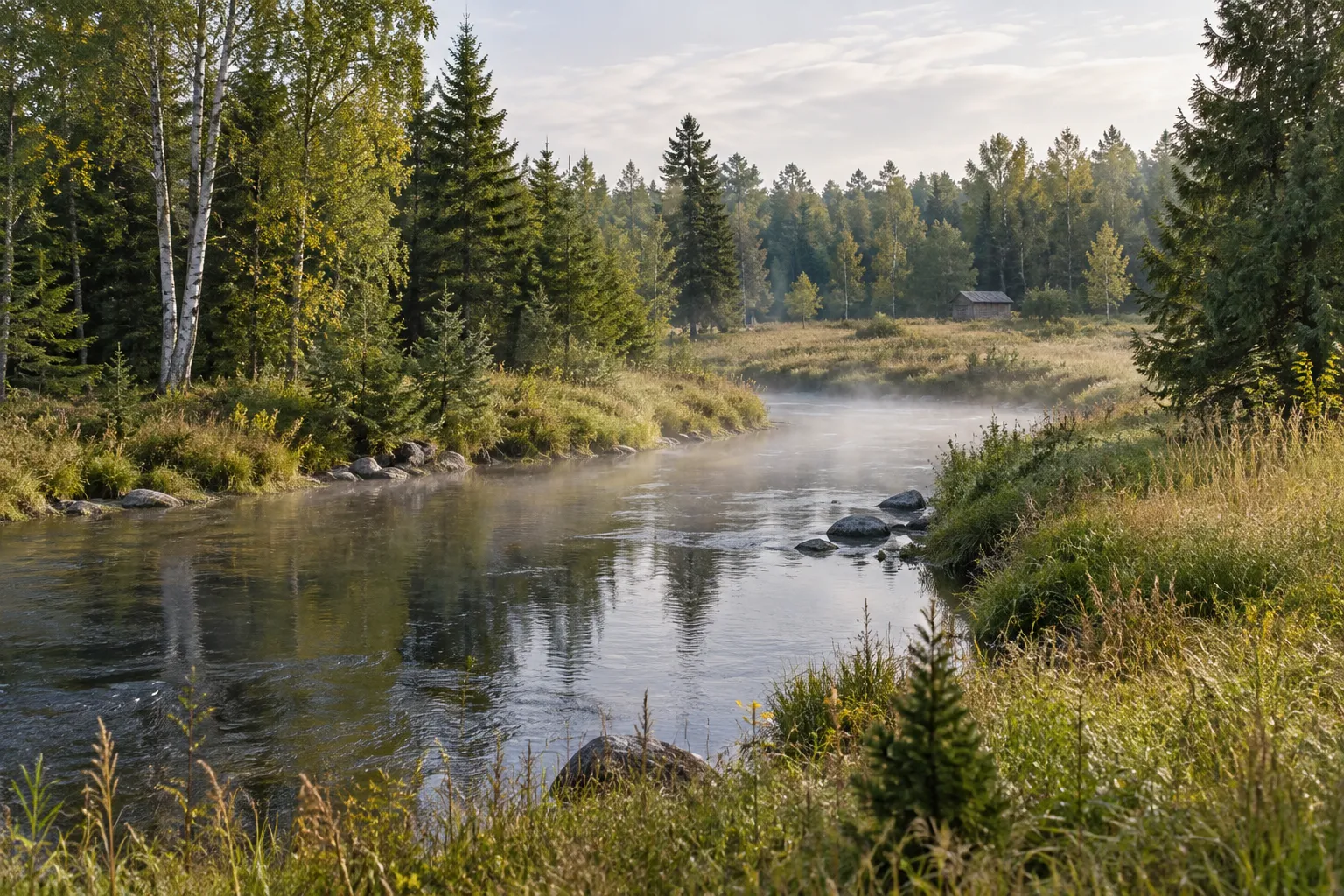 A small river curving through mixed northern woodland in late summer.