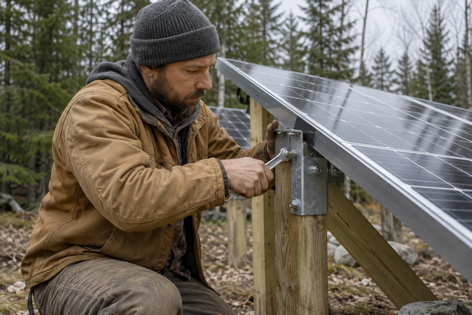 A person fastening a bracket on a ground-mounted solar array in a woodland clearing.