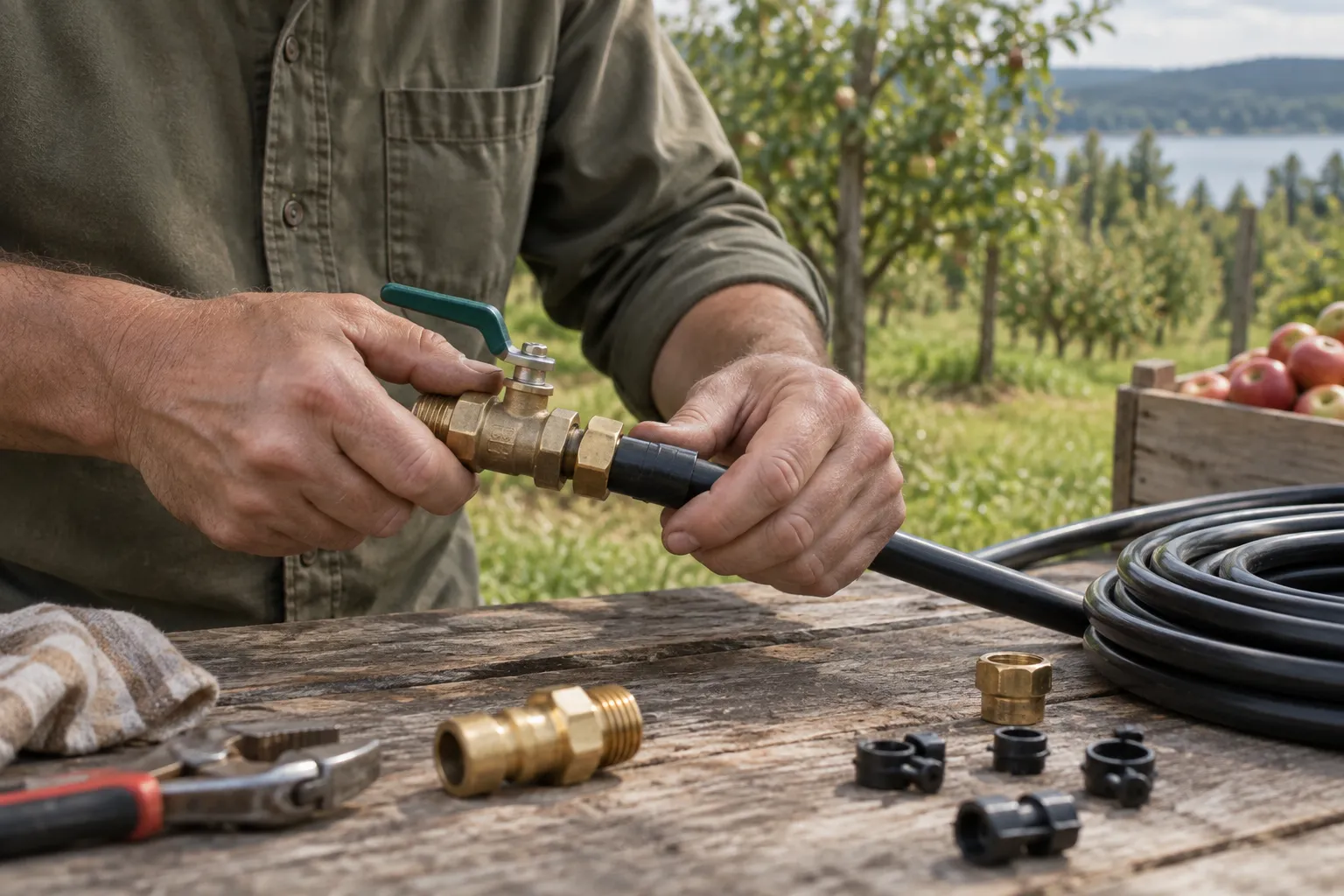 Hands assembling a brass valve and irrigation tubing on an outdoor workbench.